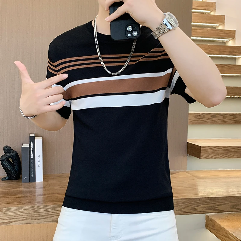 2024 Summer Ice Silk Knitted T-shirt for Men Short Sleeve Round Neck Casual T-shirt Slim Striped Business Social Tee Tops M-4XL