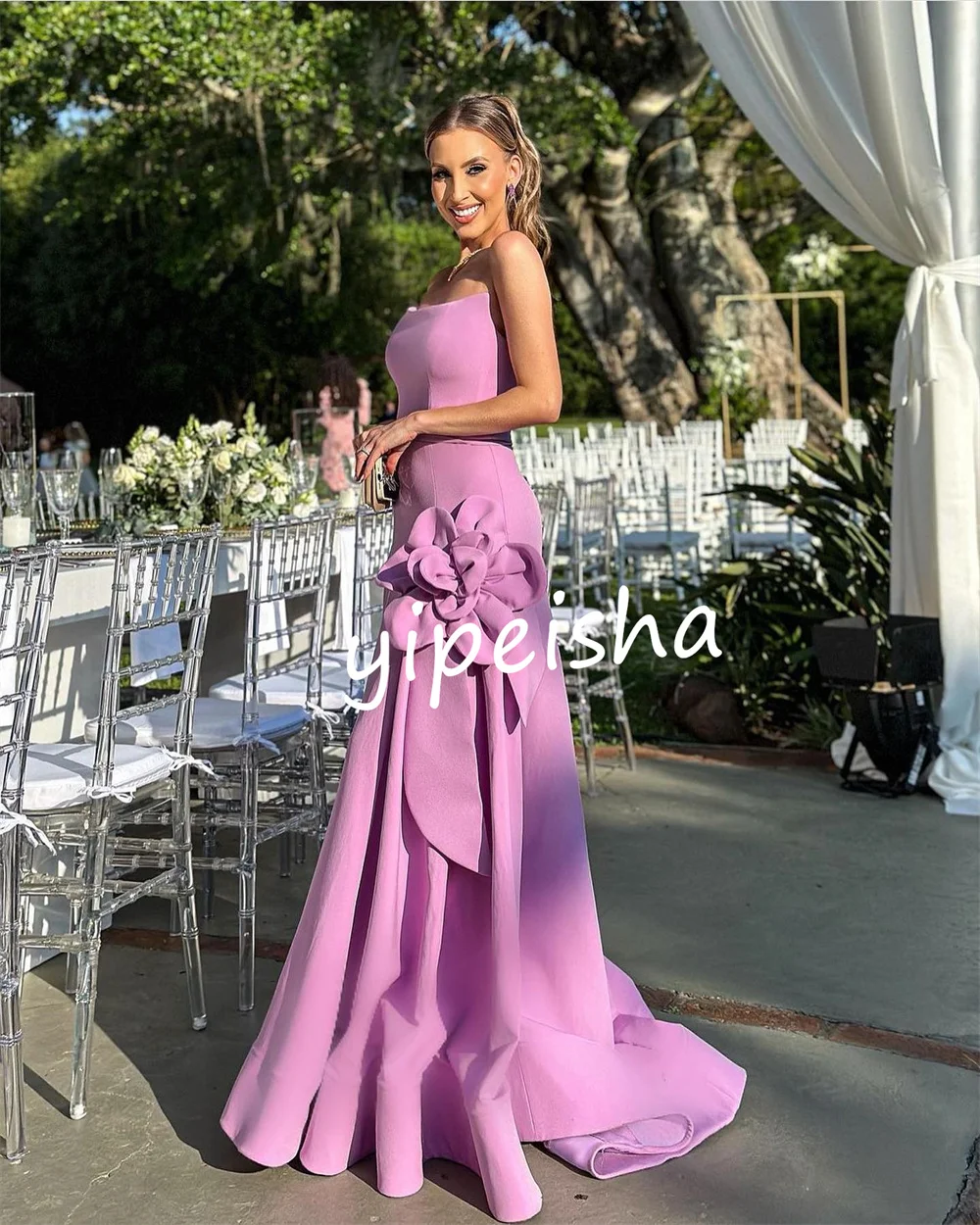 Customized Fashion Jersey Flower Trumpet Strapless Long Dresses Homecoming Dresses Chinese Style Formal Sizes Available High Qua