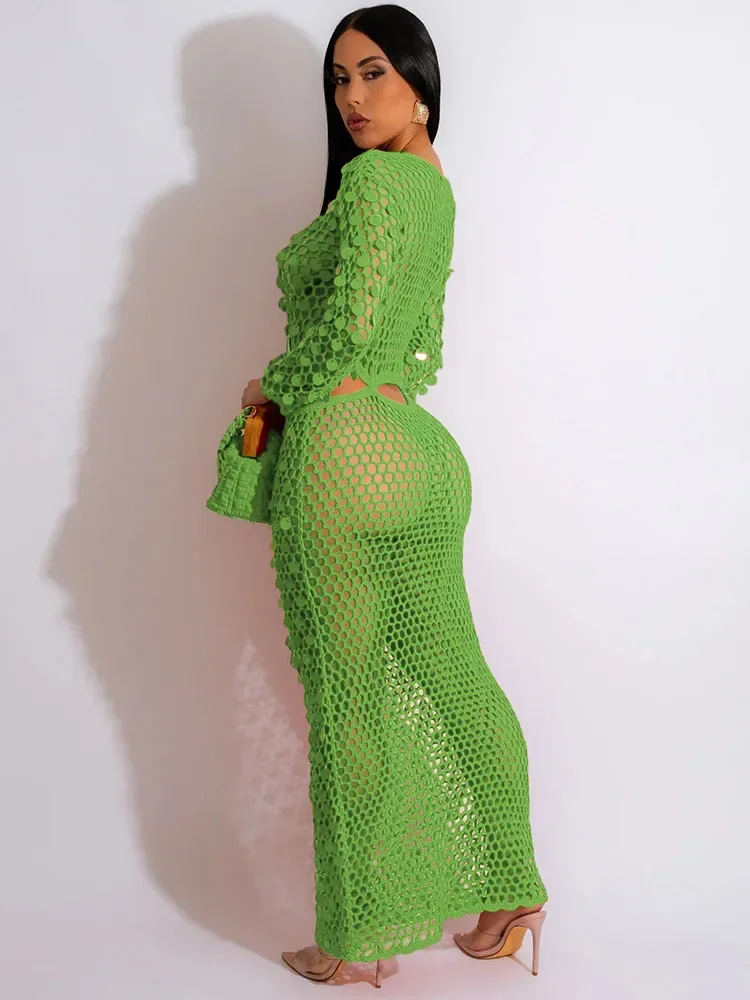Sexy Sequined Crochet Knitted Beach Dress for Women Summer See-through Cover Up Bodycon Maxi Dress Vacation Club Party Dresses