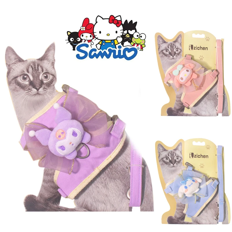 Sanrio hello kitty Kuromi Dog Cat Harness Lead Leash Vest Adjustable Polyester Mesh Breathable Small Dog Accessories