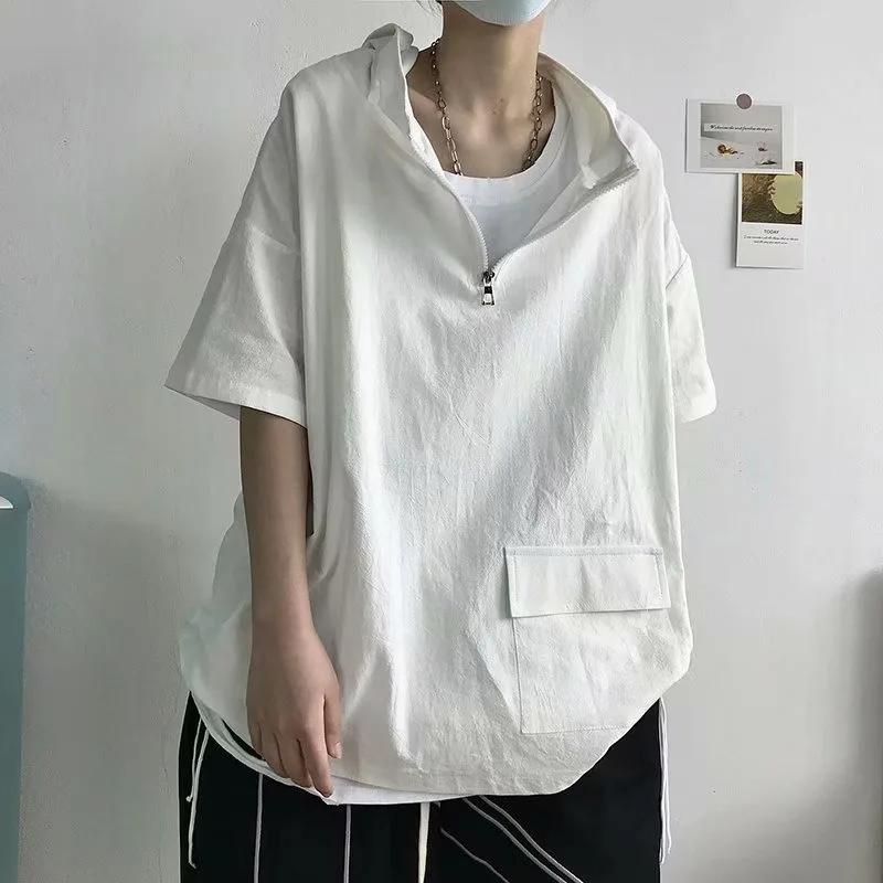 American Retro Half Zipper Short Sleeved Hooded Oversized T-shirt 2026 Summer New Casual Loose T-shirt Tops Streetwear Men