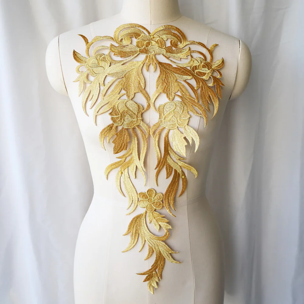 Large Embroidery Baroque Gold Flower Applique Fabric Collar Sew Iron Patch Wedding Bridal Gown Dress DIY Clothes Decor Crafts