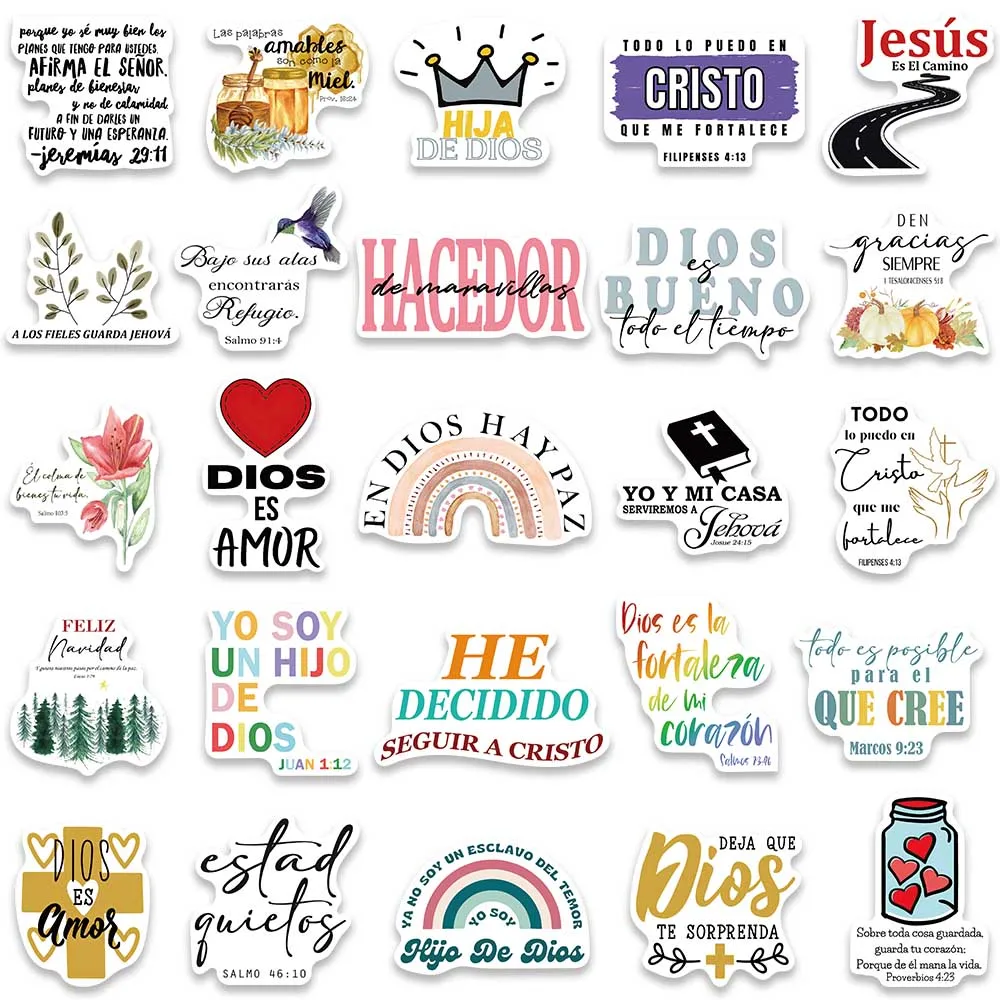 Vinil Laptop Decalques Adesivos, Desenhos Animados Engraçados, Cotações Bíblicas Espanholas, Adesivos para Bagagem, Guitarra, Notebook, Telefone, Graffiti Impermeável, 50Pcs