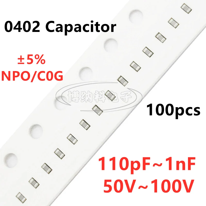 100pcs 0402 SMD Capacitor 110/120/130/150/160/180/200/220/270/300/330/360/390/470/560/620/680/820PF 1NF C0G NPO 5%