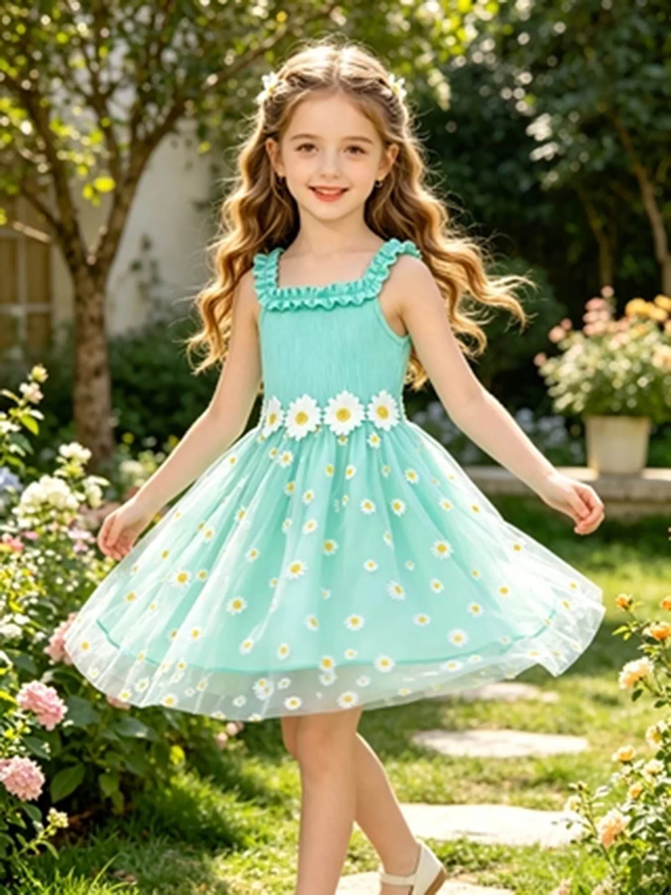 Fresh Daisy Ärmelloses Tüllkleid für Mädchen, gerüschte Schulterträger, 3D-Blumenverziertes Tüll-Tutu-Kleid, Sommerkleid für Li – Detail 5