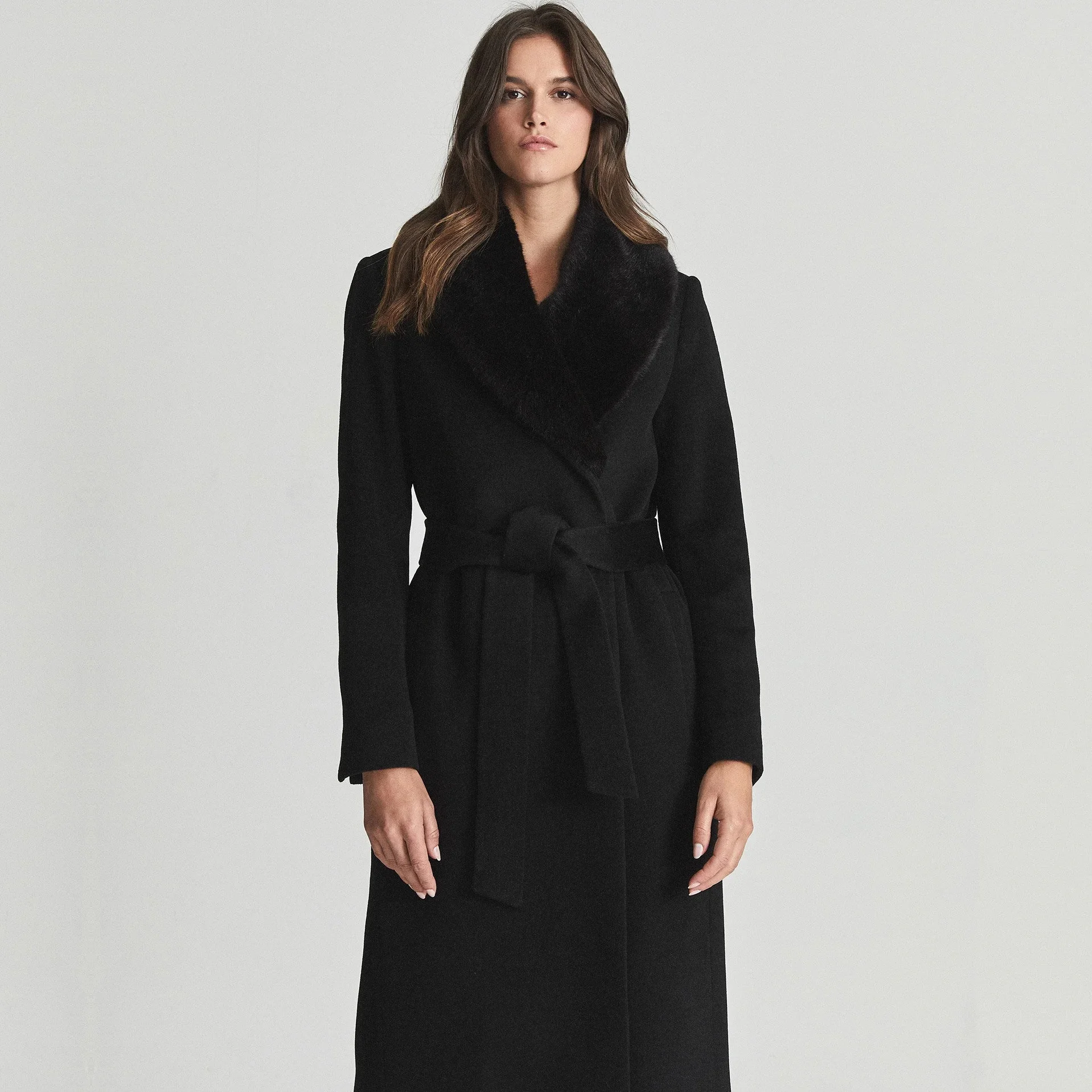 

British Long Fleece Neck Wool Coat Women's Slim Fit Belt Coat