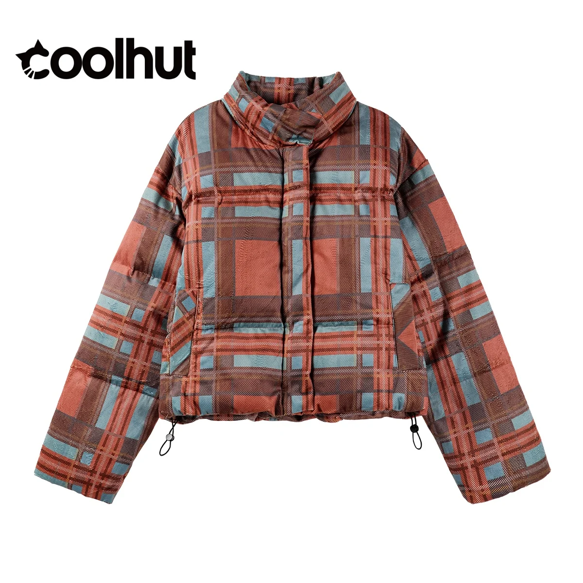 COOLHUT Vintage American Plaid Puffer Jacket Women's Cropped Quilted Coat Stand Collar Oversized Winter Parka with Retro Style