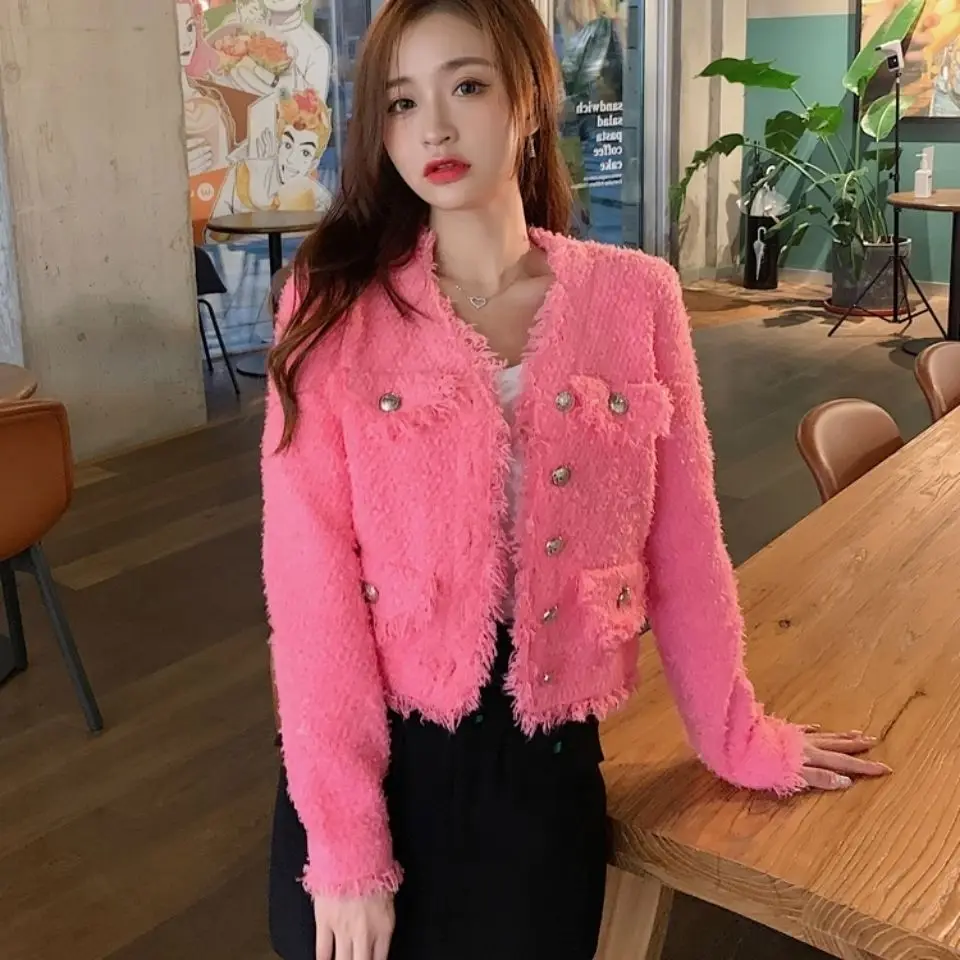 

2024 Women Spring Autumn Retro V-neck Short Knitted Jackets Female Long Sleeve Coats Ladies Solid Color Loose Outerwear W25