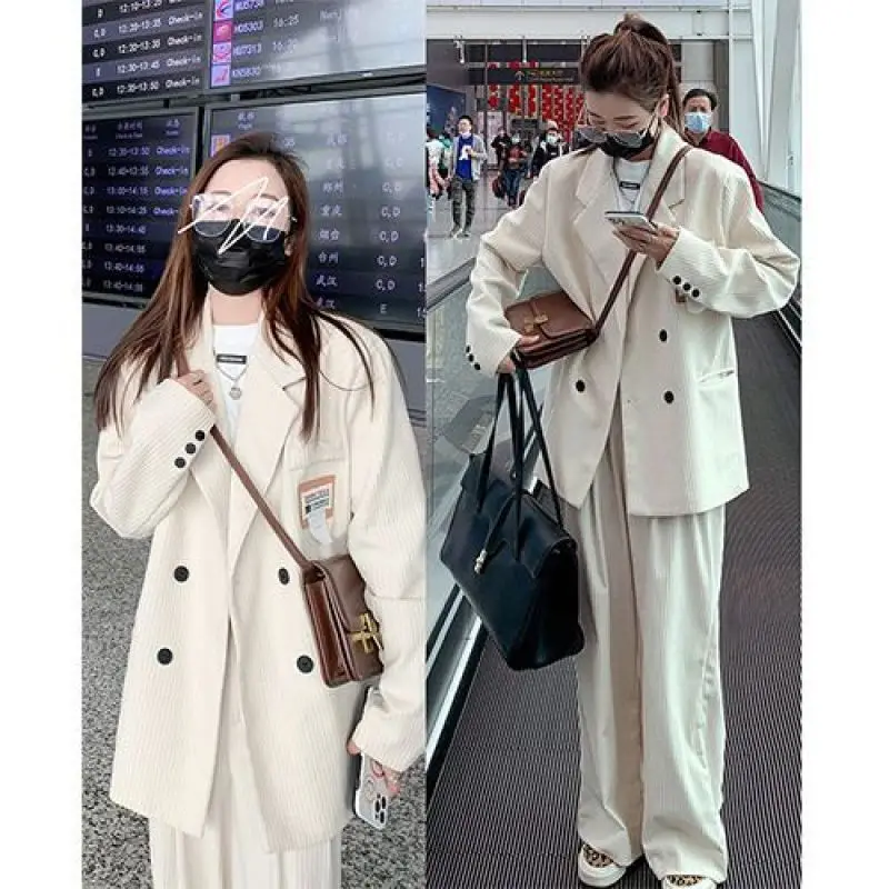 Women\'s Fashion Suit Jacket Matching Set 2023 Spring Autumn New Loose Blazers Coat+pants Two-piece Korean Chic Trousers Sets