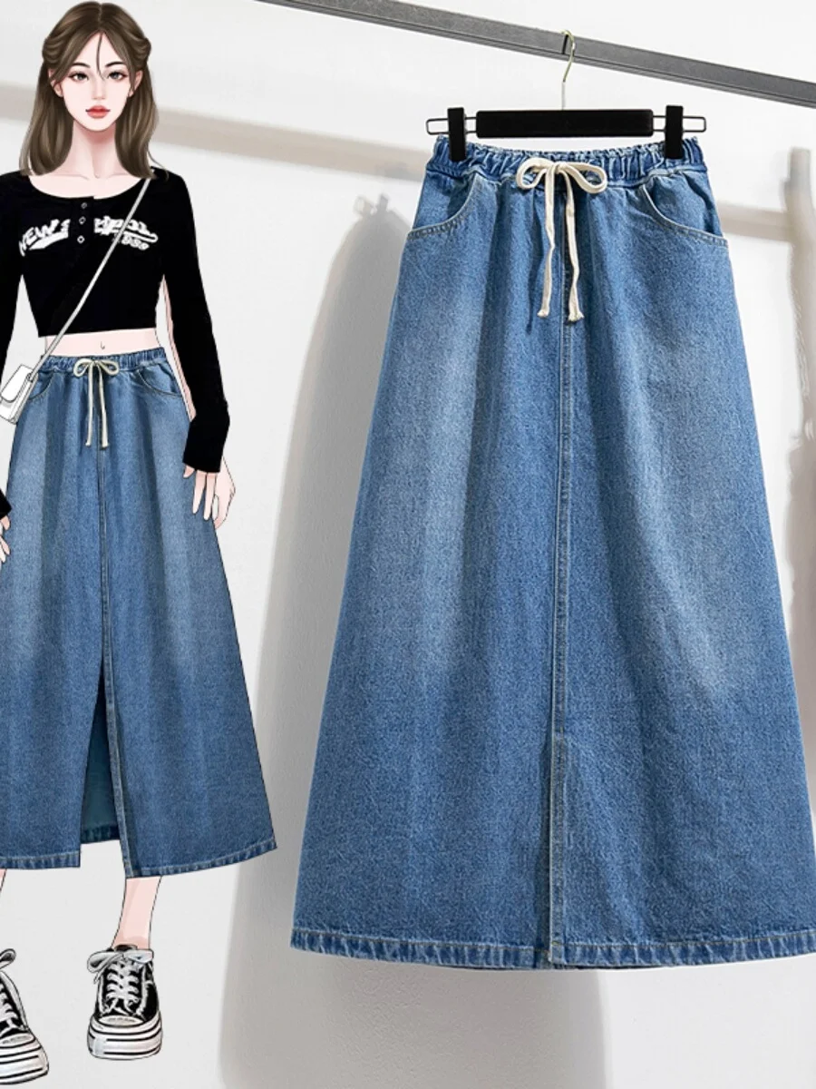 

Джинсовая юбка больших размеров с высокой талией, А-силуэт, с разрезом, повседневная, летняя, женская одежда больших размеров, юбка миди, скрывающая недостатки фигуры