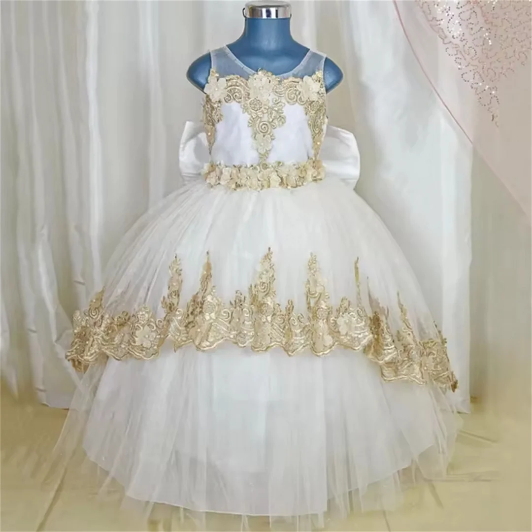 

Customized White Flower Girl Dress Gold Flowers Appliques With Bow Sleeveless For Wedding Birthday Party Banquet Princess Gown