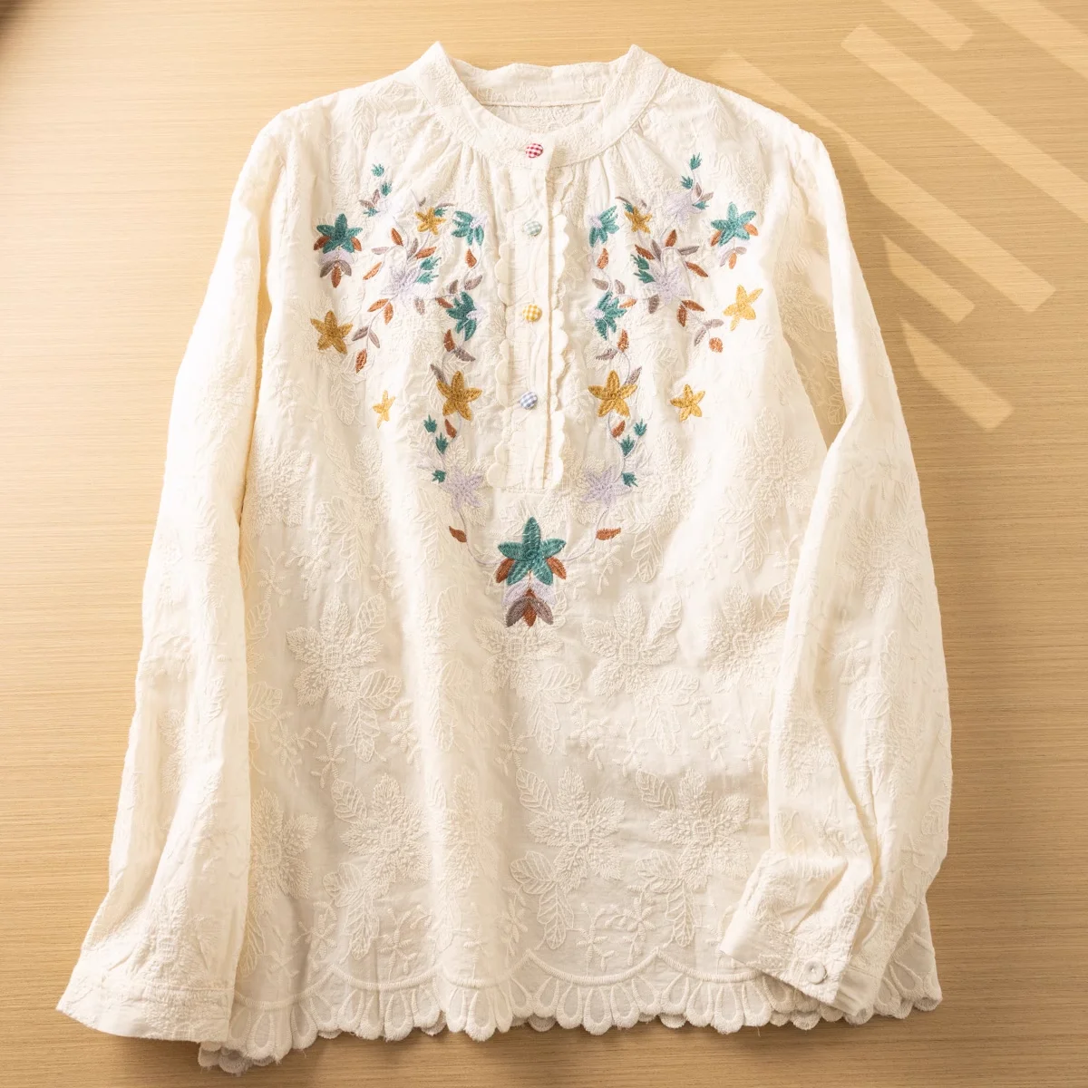 Women\'s Bohemian Blouse Ethnic Style Retro Long Sleeve Stand Collar Embroidered White Beige Shirts Vacation Shirt Top