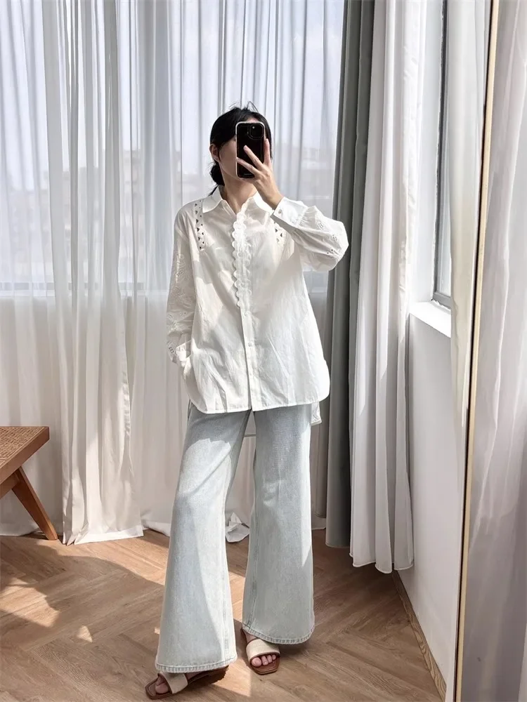 White Women Lace-Up Shirt Half Circle Pattern Hollow Out Loose Spring Summer Lady Turn-Down Collar Blouse