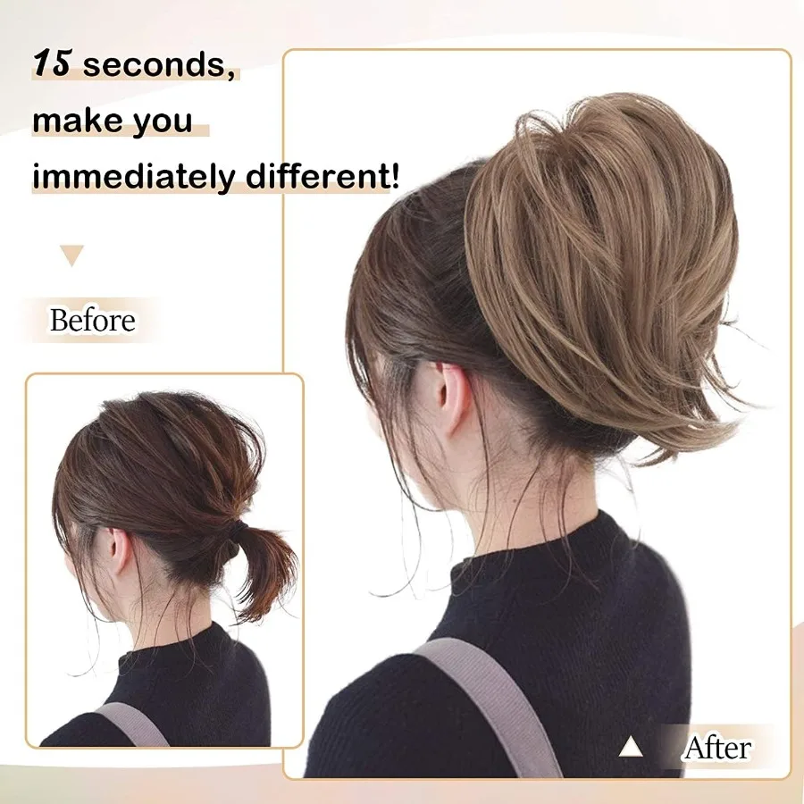 وصلات كعكة الشعر البني للنساء وصلات كعكة شعر صناعية قصيرة مستقيمة بالكامل على شكل ذيل حصان مع كعكة شعر فوضوية مرنة Scr