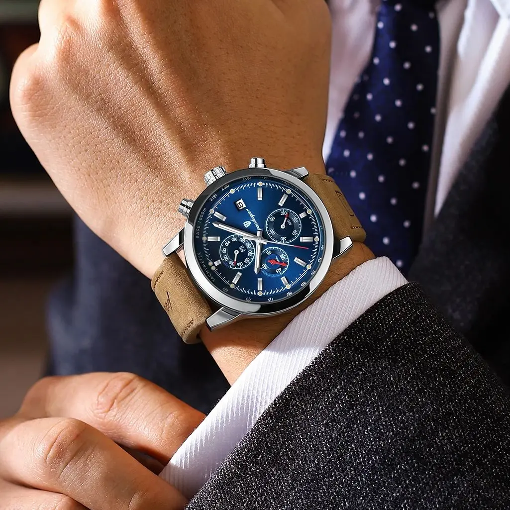 POEDAGAR Funktionelle Herren-Armbanduhr, Datum, wasserdicht, leuchtend, Chronograph, Herrenuhren, Leder, Quarz, Militär, Herrenuhr + Box, Geschenk