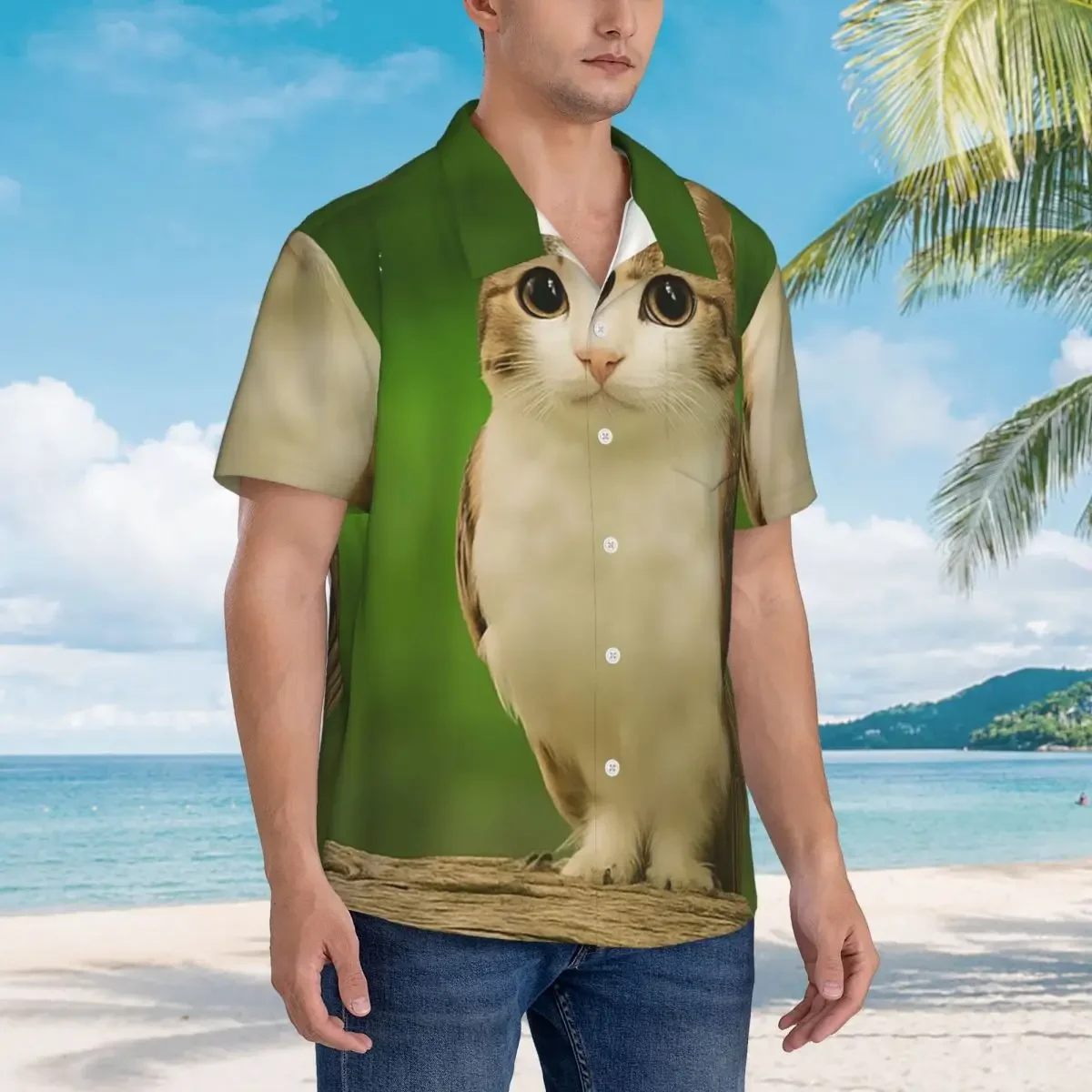 Мужская гавайская рубашка с коротким рукавом Meowl Cat Owl Funny Internet Trendy Meme, забавная, для лета и пляжа, на пуговицах