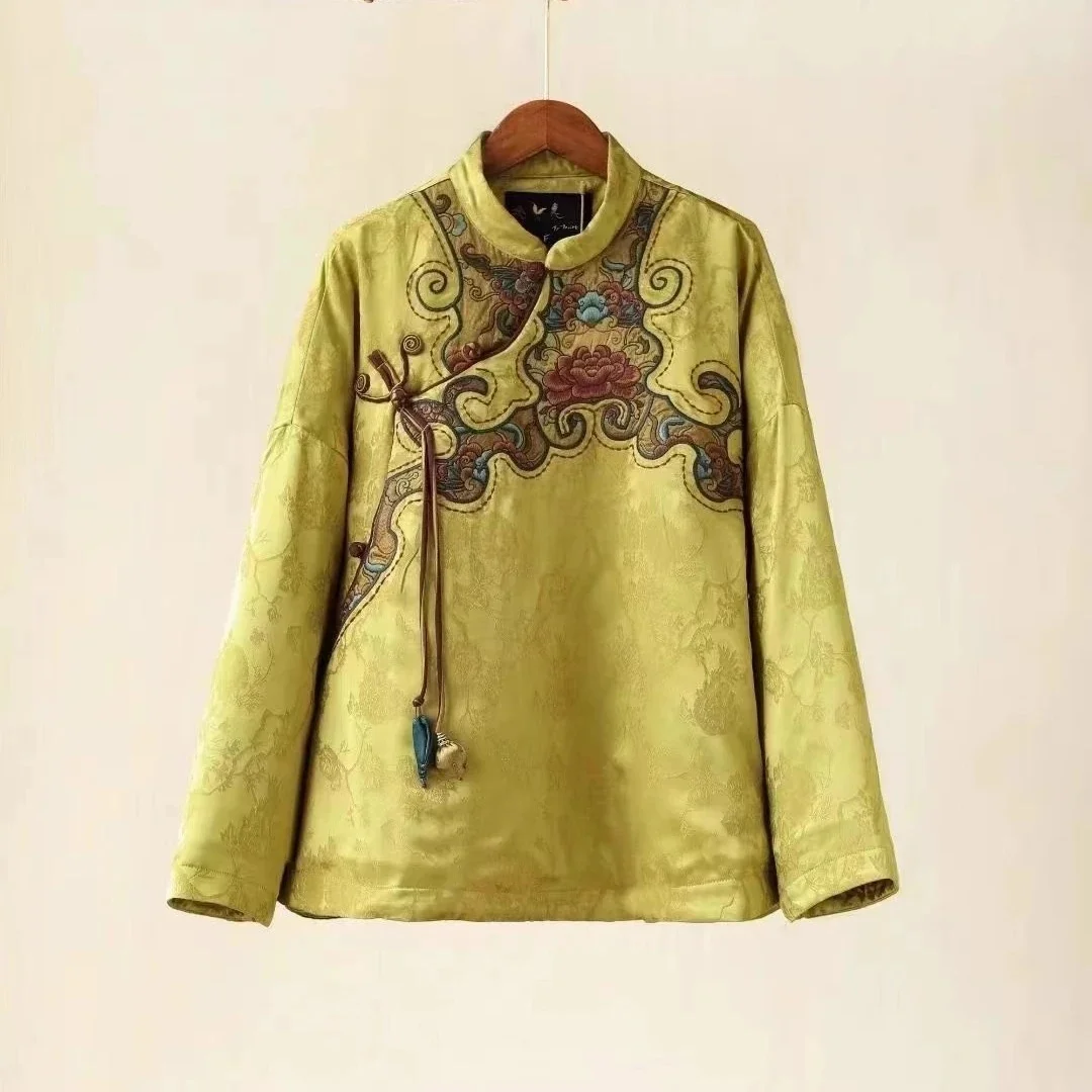 Женские зимние полупальто, куртка на хлопковой подкладке в национальном стиле, жаккардовая хлопковая куртка из искусственного шелка с вышивкой, желтая стеганая куртка Женские зимние полупальто, куртка на хлопковой подкладке в национальном стиле, жаккардовая хлопковая куртка из искусственного шелка с вышивкой, желтая стеганая куртка