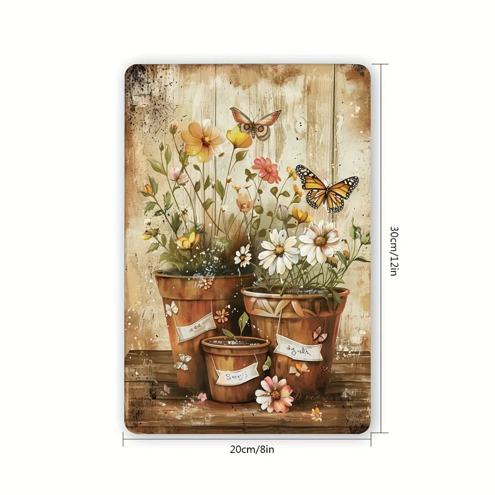 1 Stück 20x30cm Eisenmetallschild im Vintage-Stil mit Blumentöpfen und Schmetterlingen, dekorative Wandkunst für Zuhause, Büro, Café, Garten