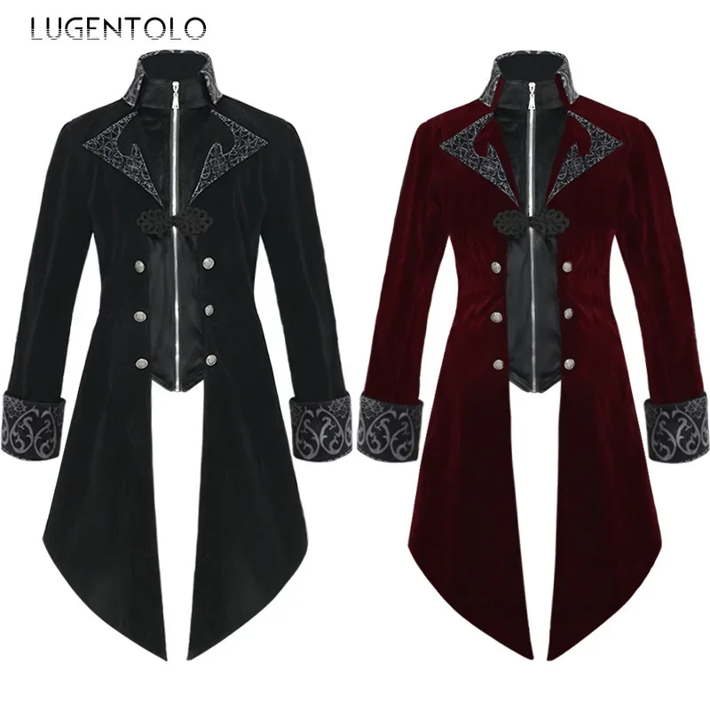 

Men Medieval Tuxedo Coat Punk Vintage Court Costume Zipper Long Jacket Male Slim Button Part Tailcoat Patchwork Cloth Lugentolo