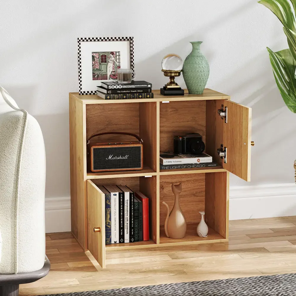 4 Cube Bookcase With 2 Doors, 3 Tier Open Storage Shelf, Natural Wood Finish, Adjustable Hinges Metal Knobs, Floor Standing Organizer For Living Room Bedroom Corner