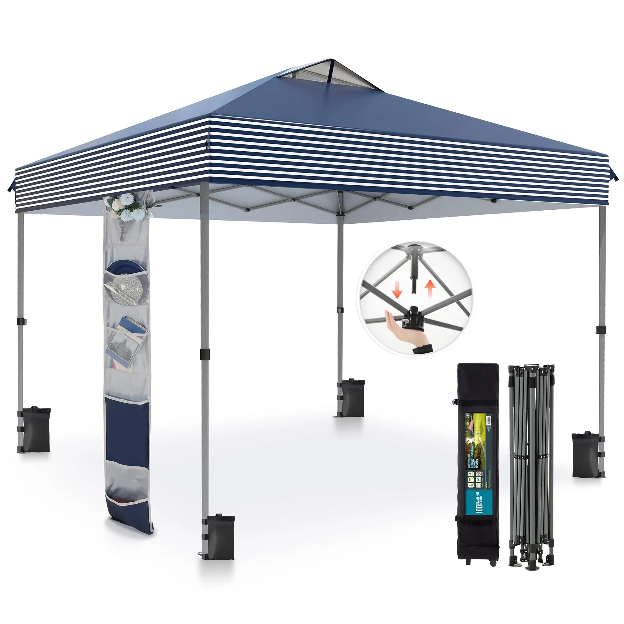 Canopy Tent 10x10 Pop up, One Person Push Set up Tents | Outdoor Canopies Shelter Heavy Duty UPF50+ with 4 Sandbags &