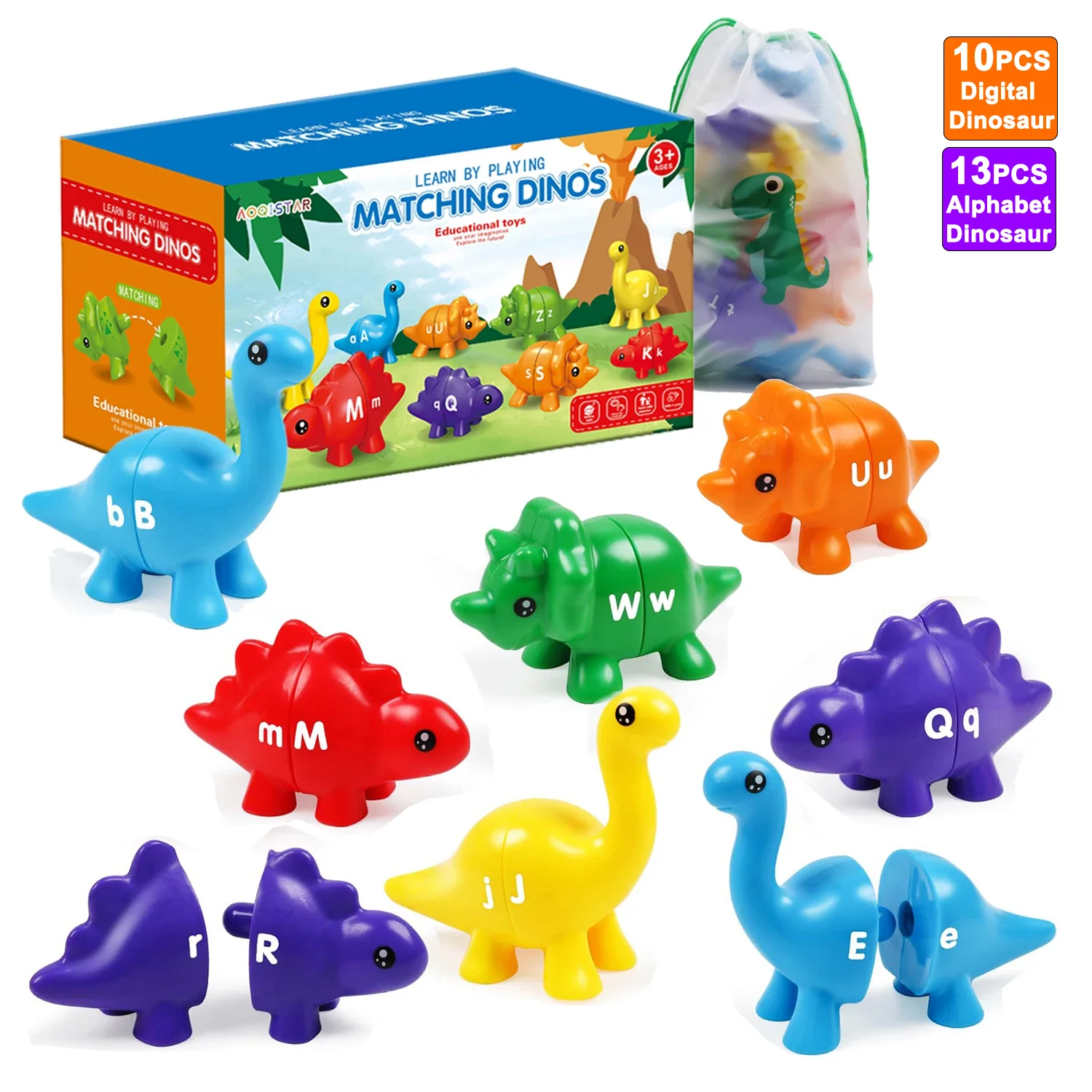 Juego de dinosaurios a juego, juguetes con alfabeto/combinación de números, juguete Montessori para niños, aprendizaje de colores, números, letras, juguete