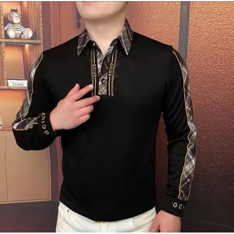 2025 Autumn Winter Men's Collar Sweatshirt Rhinestone Plaid Splicing Casual POLO T-shirt Long Sleeve Social Street Wear Pullover