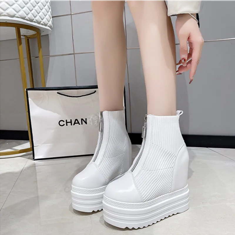Women's High Heels Wedges Ankle Boots Waterproof Platform Thick-soled Autumn Fashion Knit Stitching Height Inside Ladies Booties - view 4