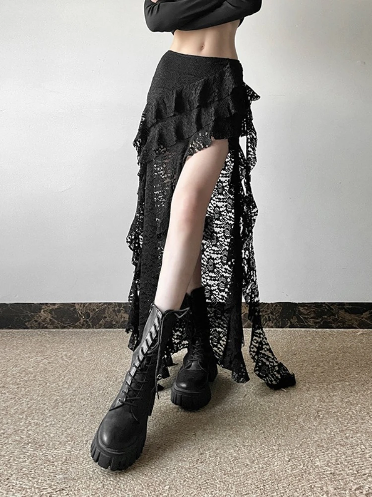 

Streetwear Lace Jacquard Vintage Women Skirt Y2k Aesthetic Irregular Ruffled High Waist Long Skirts 2025 Harajuku Grunge Faldas