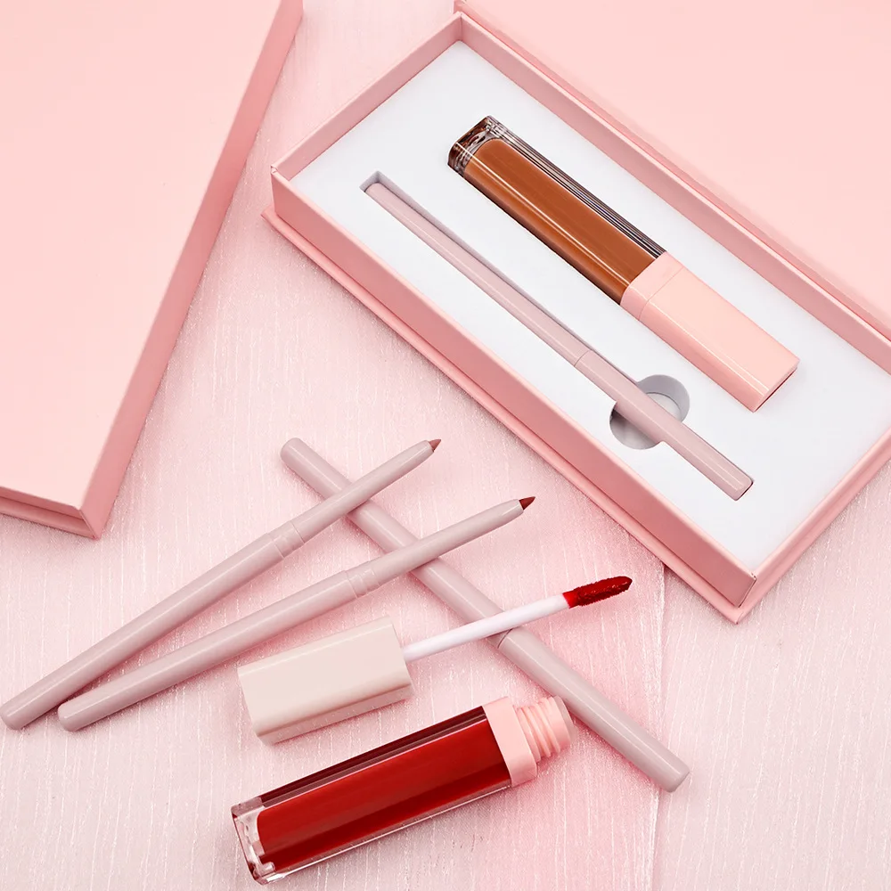 Set di lucidalabbra opaco all'ingrosso Etichetta privata Kit di rossetti liquidi con scatola rosa Cruelty-Free Vegan Cremoso 2 in 1 Trucco sfuso