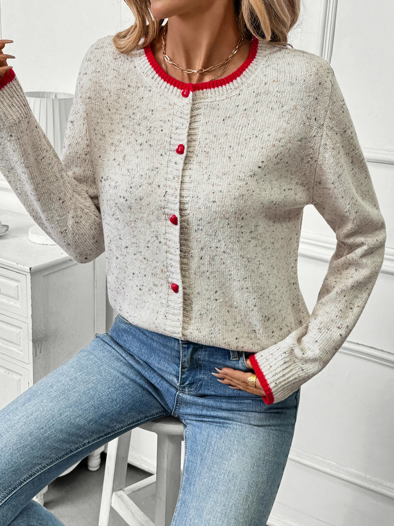 

Cross-border foreign trade Autumn new gray-red round-neck knitted sweater cardigan for women