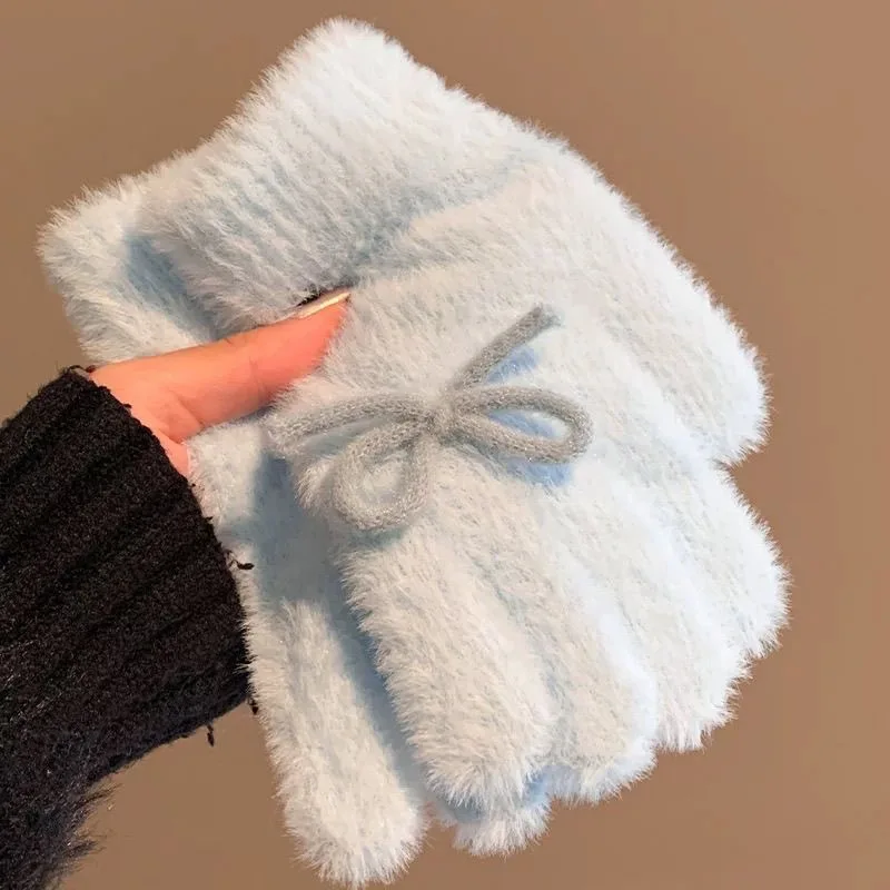 Plüsch-Strickhandschuhe für Damen im Winter, niedlicher Schmetterlingsknoten, verdickte Finger, Frostschutzmittel, Studenten, Radfahren, warm