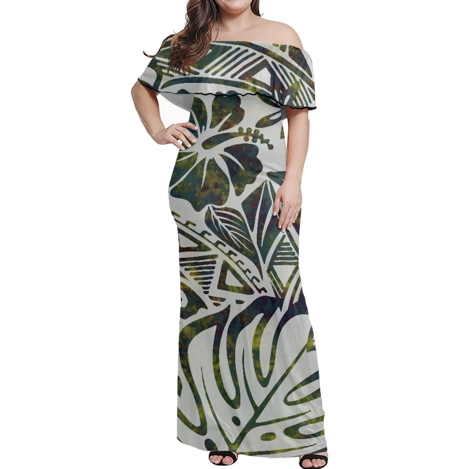 

Polynesian Tribe Frangipani Print New Temperament Strapless Maxi Dress Large Size One-Shoulder Short Sleeves Summer Casual Dress