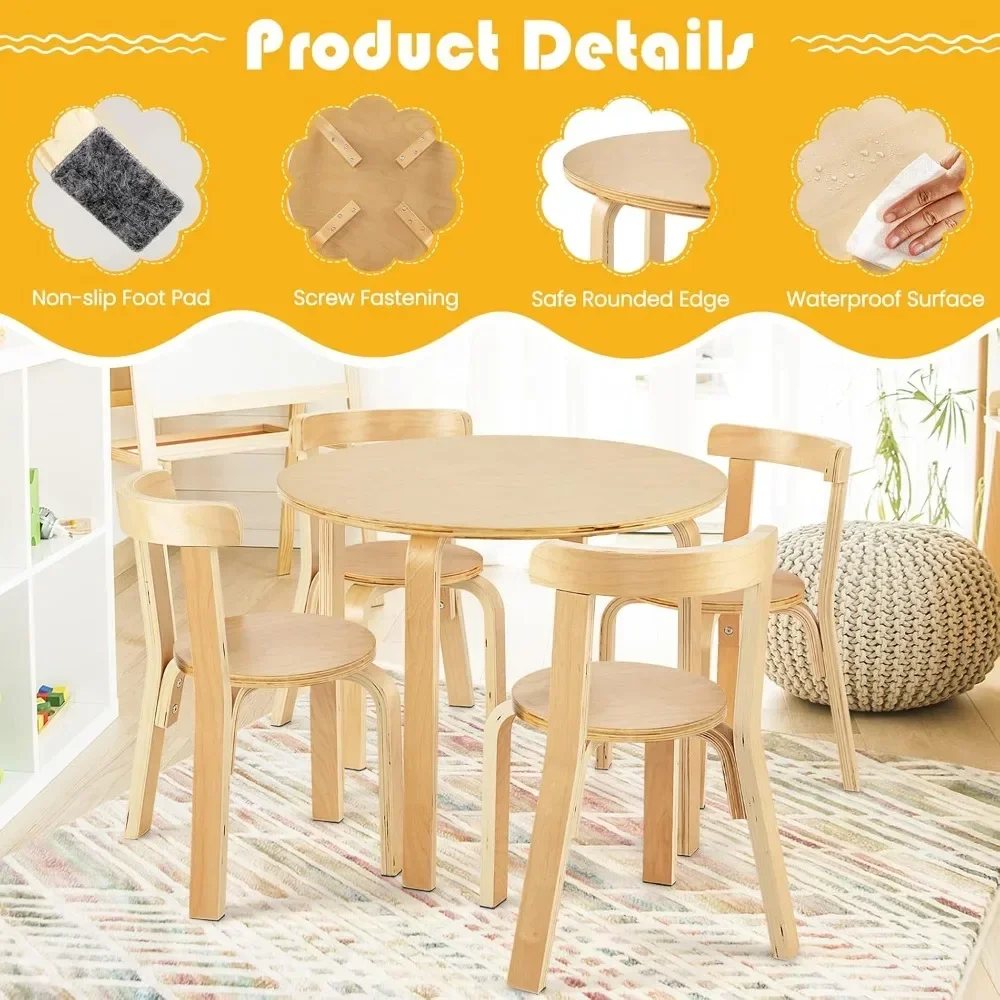 Kids Table and Chair Set, Bentwood Toddler Round Table and 4 Chairs for Craft Art, Building Block, 5-Piece Children Furniture