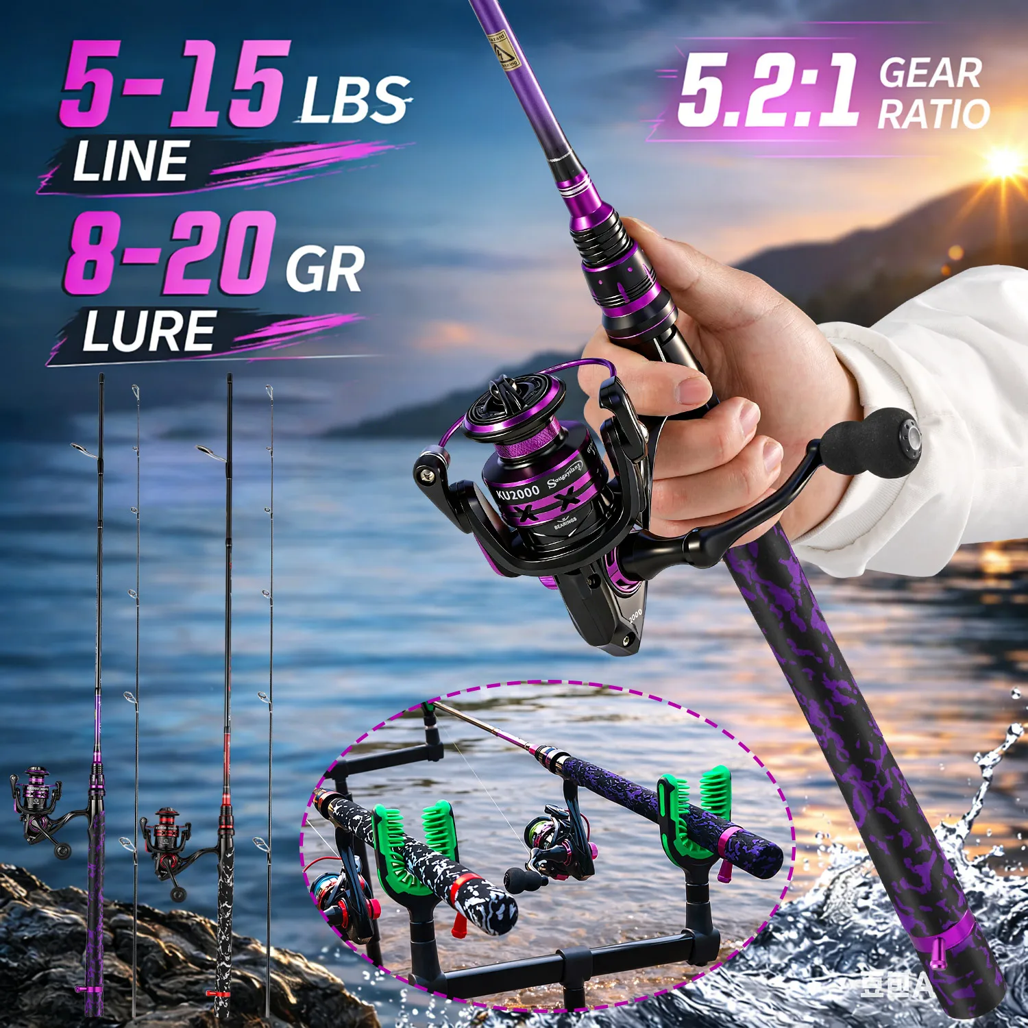 Sougayilang 24T Carbon Spinning Fishing Rod and Reel Combo 5.2:1 Gear Ratio 8KG Max Drag 5-15LB Line Lure Carp for Freshwater