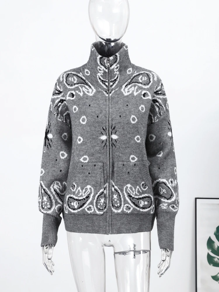 Casual Jacquard Cardigan for Women Loose Stand Collar Zipper Pockets All-match Female Sweater 2026 Spring Thick Warm Knitwear