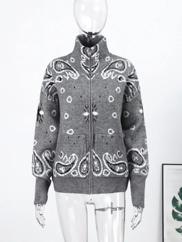 Casual Jacquard Cardigan for Women Loose Stand Collar Zipper Pockets All-match Female Sweater 2026 Spring Thick Warm Knitwear