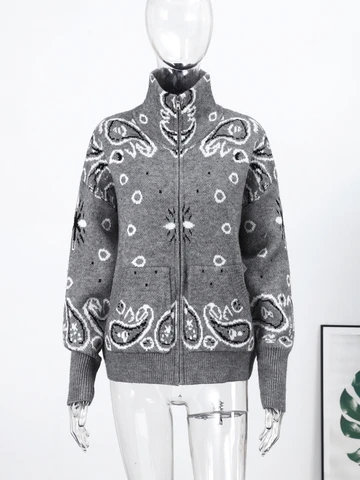 Jacquard Zip Stand Collar Cardigan