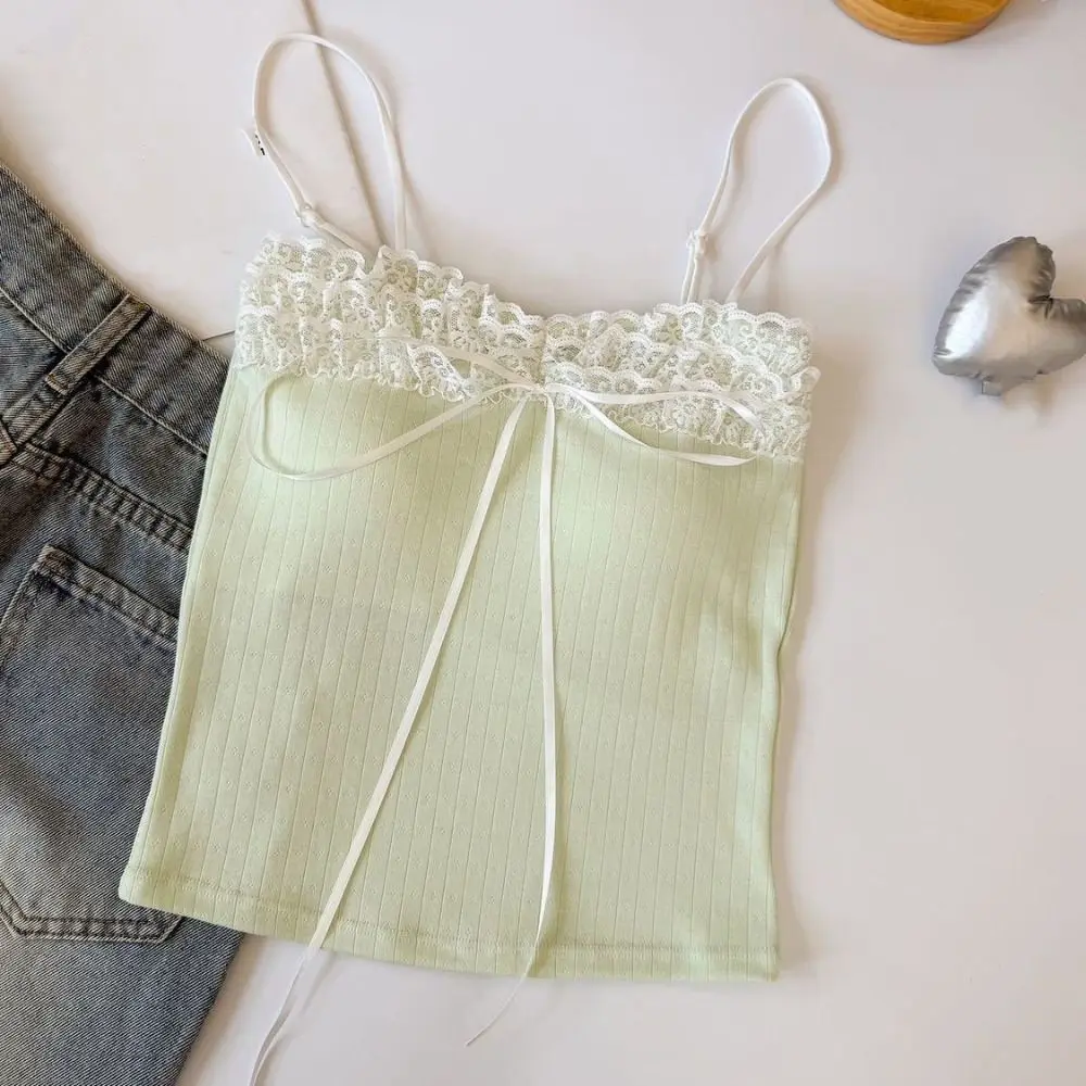 Modisches Schleifen-Slim-Spitzen-Crop-Top Süßes Unterhemd Mädchen-Weste Sommer-Camisole im Spice-Girls-Stil mit Polstern für Damen – Detail 5