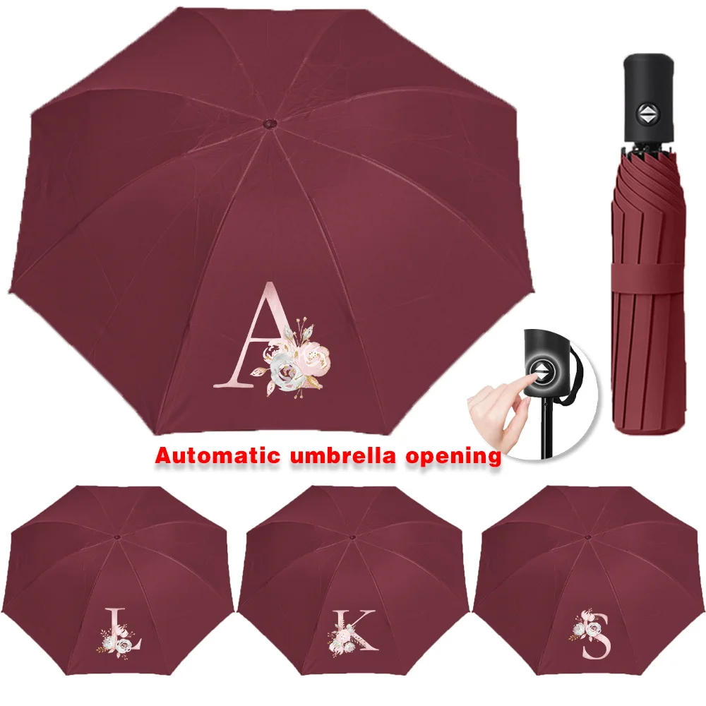 

Automatic Umbrellas for Sunshine Rainy Windproof Strong Umbrella Folding Large Buckle Handle Double Bone Resistant Pink flower