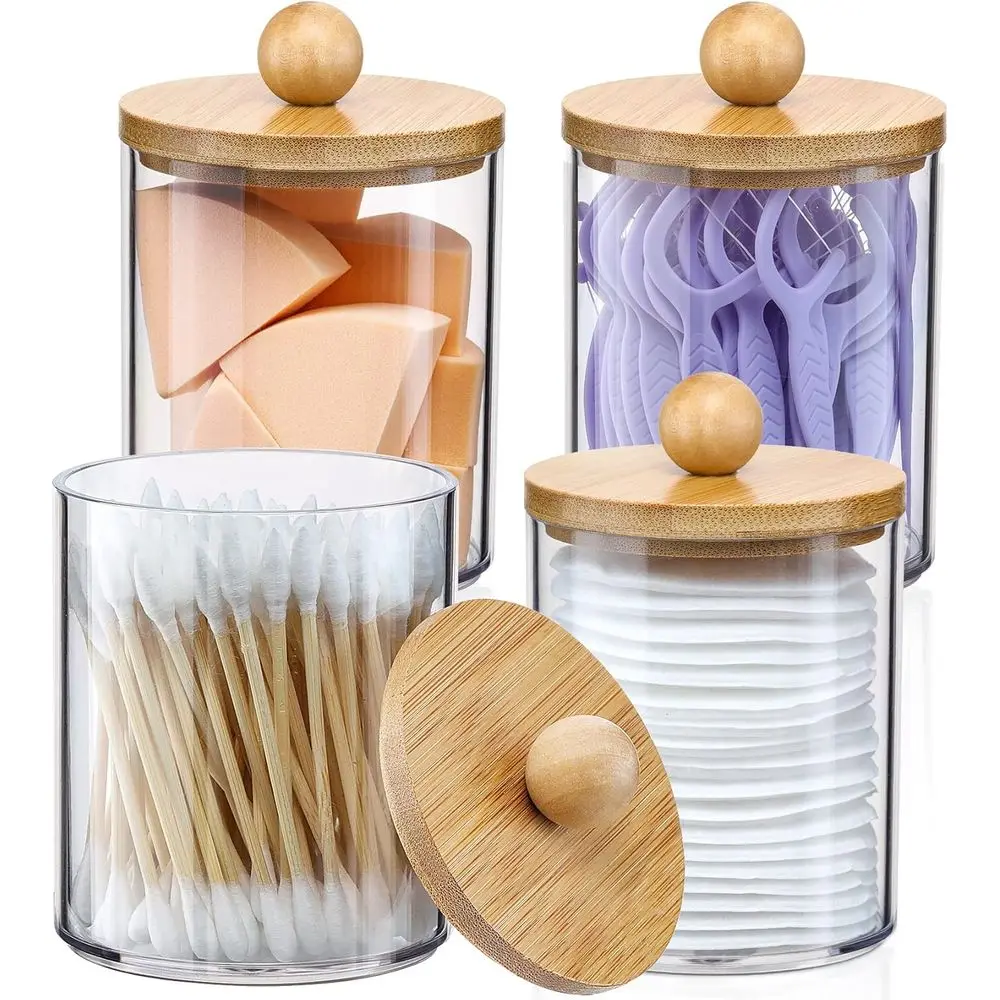 4 Pack Bamboo Lid Qtip Holder Storage Jars