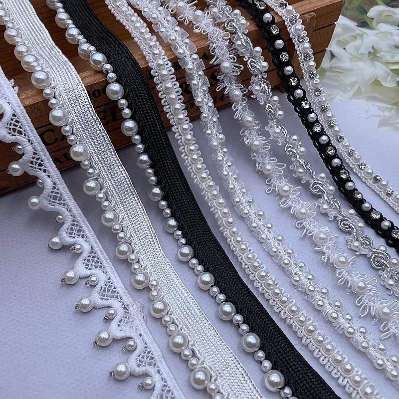 10yards/lot White/black Pearl Beaded Lace Ribbon Trim Handmade DIY Sewing Garment Craft Wedding Dress Materials Lace Pearl Trim