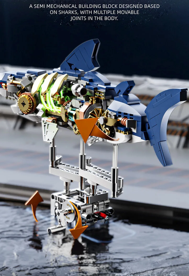 Idea Tiefsee-Kampf-Mecha-Fisch Baustein-Set Mechanischer Hai-Roboter Mech-Modell Bausteine Konstruktionsspielzeug Sammlung mit Licht – Detail 3