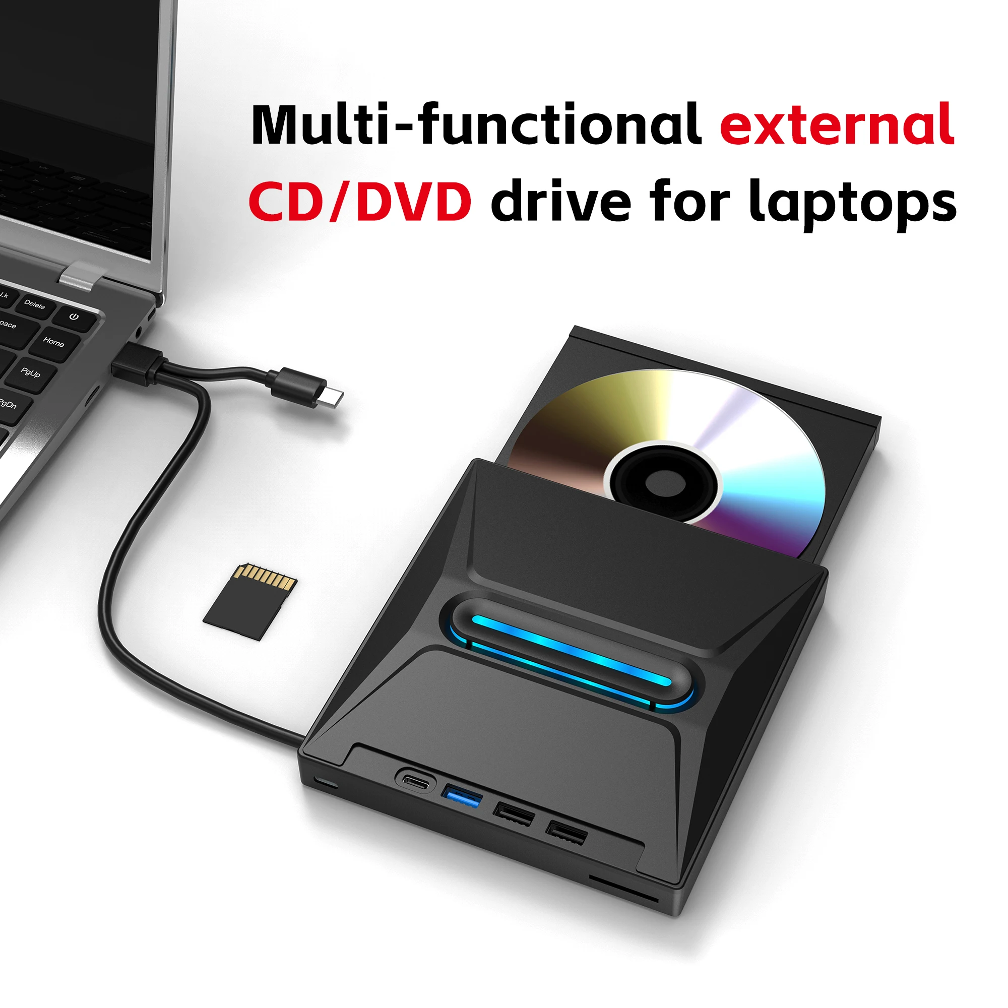 Upgraded multi-functional portable external CD/DVD drive, Type-C compatible, CD/DVD +/-RW disk drive, multi-functional DVD+/-RW burner/programmer, with SD card reader and 3-port USB hub, plug and play, compatible with Windows, Linux, and Apple operating s