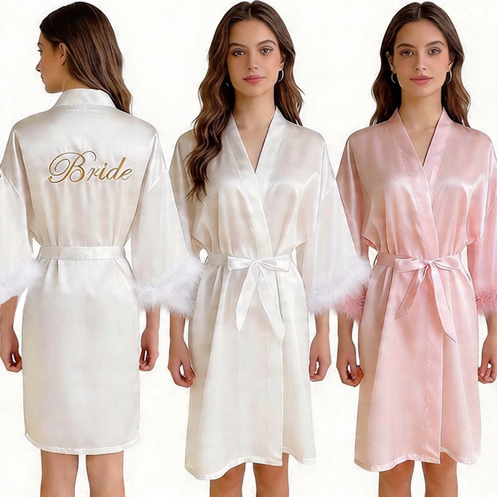 Bride Robe with Feather Trim Satin Kimono Wedding Getting Ready Outfit with Custom Gold Embroidery for Party Nightgowns Yukata