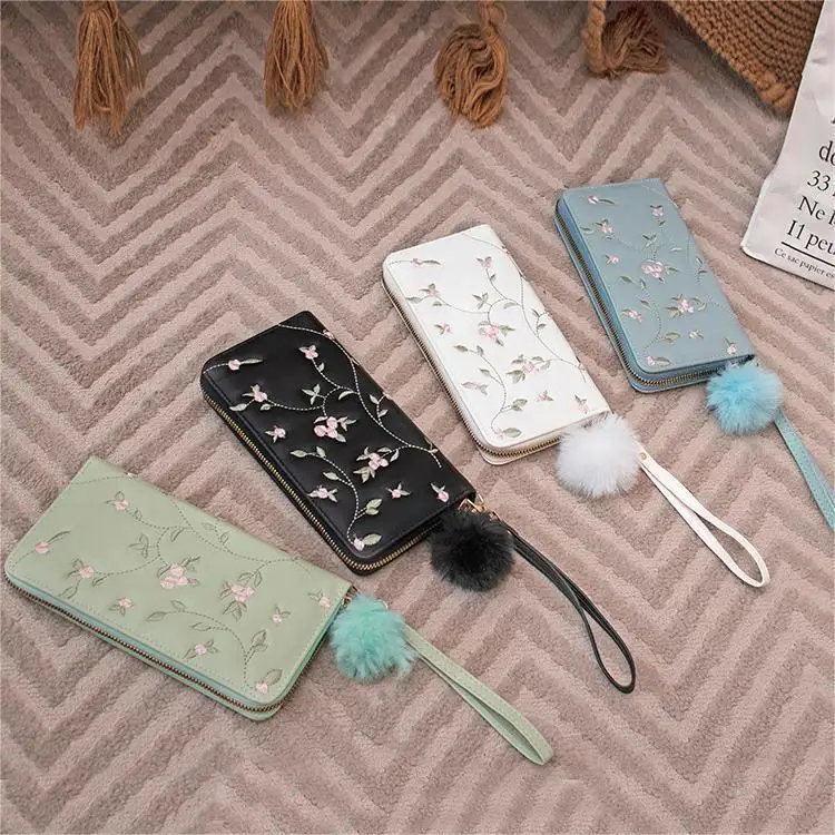

Women's Embroidered Long Wallet PU Leather Flower Pattern Ladies Coin Purse Card Holders Foldable Zipper Money Bag Mom Wallets