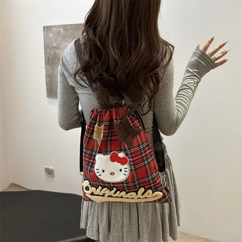 

Sanrio Hello Kitty Convertible Backpack Cute Retro Red Checkered Single Shoulder Bags Y2K Canvas Multi Functional Shoulder Bags