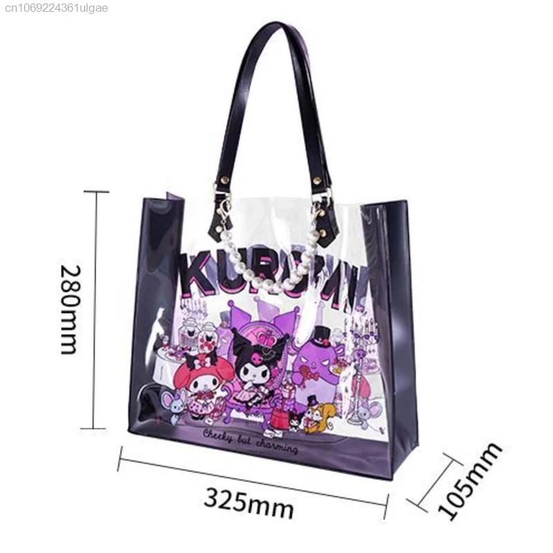 Sanrio Kuromi Fashion Transparent Totes Female Casual Aesthetic Cute Bags With Beading Chain Y2k New Shoulder Bag Women Handbags