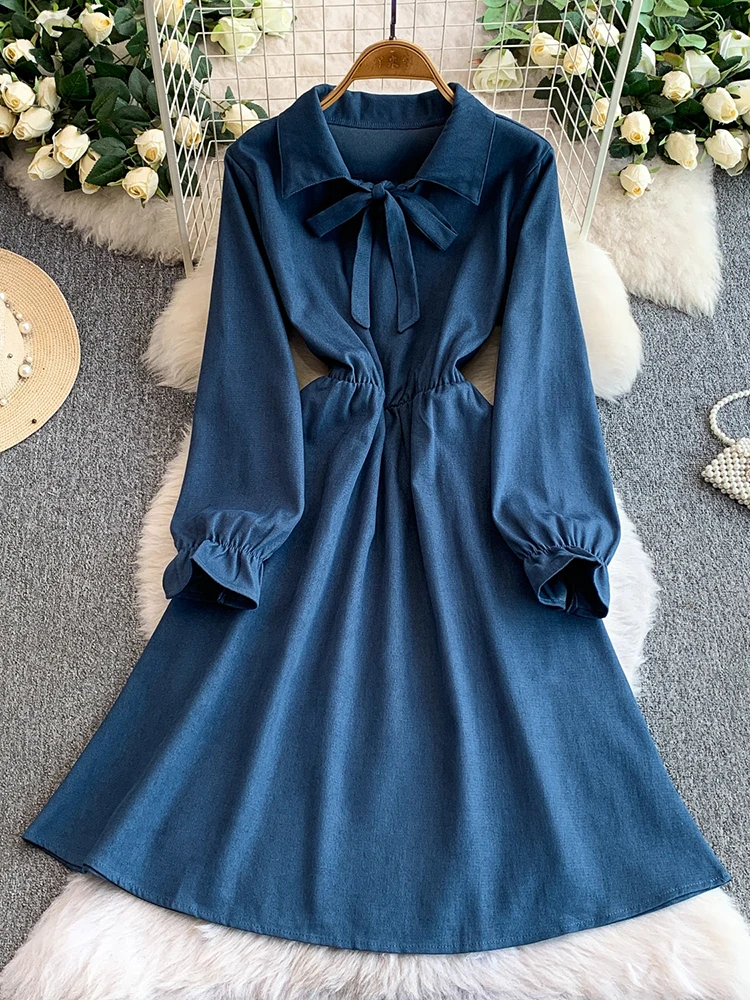 المرأة قميص فستان النمط الفرنسي الدانتيل يصل التلبيب فستان الخريف الشتاء حزام مطاط بسيط الصلبة منتصف طول فستان الإناث DS243