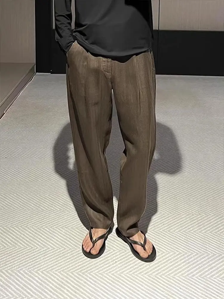 

Мужские летние тонкие повседневные брюки, льняные прямые драпированные длинные брюки из ледяного шелка, свободный крой, модные прямые брюки-трубы